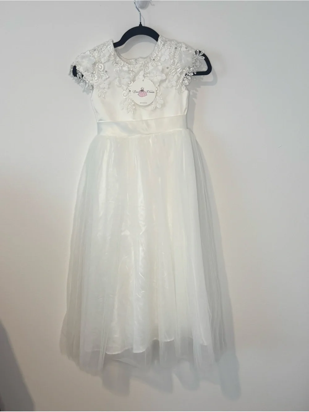 NWT Bow Dream White Flower Girl Dress 3D Floral Lace Tulle Wedding Size 8